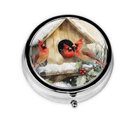 Generic Pastillero redondo con estampado de pájaros cardenales de invierno, 3 compartimentos, pequeño pastillero para bolso y bolsillo, mini pastillero de metal para viaje