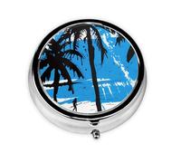 Generic Pastillero redondo con estampado de palma azul, 3 compartimentos, pequeño pastillero para bolso y bolsillo, mini pastillero de metal para viaje