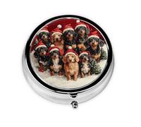 Generic Pastillero redondo con estampado de perros lindos de Navidad, 3 compartimentos, pequeño pastillero para bolso y bolsillo, mini pastillero de metal para viaje