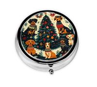 Generic Pastillero redondo con estampado de perros lindos de Navidad, 3 compartimentos, pequeño pastillero para bolso y bolsillo, mini pastillero de metal para viaje
