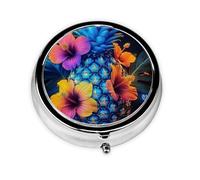 Generic Pastillero redondo con estampado de piña, pastillero pequeño de 3 compartimentos para bolso y bolsillo, mini pastillero de metal para viaje