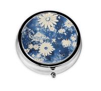 Generic Pastillero redondo con estampado de teñido anudado azul, 3 compartimentos, pequeño pastillero para bolso y bolsillo, mini pastillero de metal para viaje