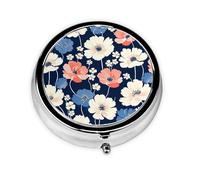 Generic Pastillero redondo con estampado floral azul marino, 3 compartimentos, pequeño pastillero para bolso y bolsillo, mini pastillero de metal para viaje