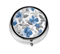 Generic Pastillero redondo con estampado floral azul y gris, 3 compartimentos, pequeño pastillero para bolso y bolsillo, mini pastillero de metal para viaje