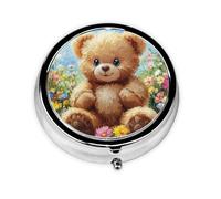 Generic Pastillero redondo con estampado floral de oso lindo - Pastillero pequeño de 3 compartimentos para bolso y bolsillo, mini pastillero de metal para viaje