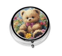Generic Pastillero redondo con estampado floral de oso lindo - Pastillero pequeño de 3 compartimentos para bolso y bolsillo, mini pastillero de metal para viaje