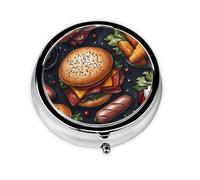 Generic Pastillero redondo con impresión de comida rápida, 3 compartimentos, pequeño pastillero para bolso y bolsillo, mini pastillero de metal para viaje
