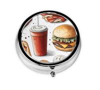 Generic Pastillero redondo con impresión de comida rápida, 3 compartimentos, pequeño pastillero para bolso y bolsillo, mini pastillero de metal para viaje