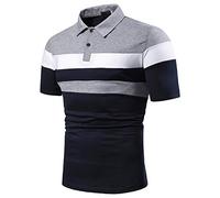 Generic Polo de manga corta para hombre, de verano, casual, a rayas, de colores contrastantes, camisas ligeras con cuello abatible, elástico, cómodo, para golf, deportivo, gris, M