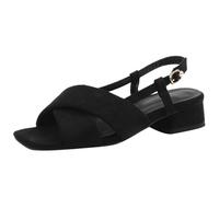 Genéric Sandalias De Verano Mujer Tacón Bajo con Tira Cruzada Superpuesta Punta Cuadrada Abierta con Adorno Perla Hebilla Metálica Ajustable para Oficina Citas Desplazamientos,Negro,38.5 EU