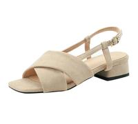 Genéric Sandalias De Verano Mujer Tacón Bajo con Tira Cruzada Superpuesta Punta Cuadrada Abierta con Adorno Perla Hebilla Metálica Ajustable para Oficina Citas Desplazamientos,Beige,36 EU