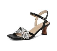 Genéric Sandalias Mujer De Tacón Bajo Cuero PU Estampado Serpiente Cocodrilo Bicolor Punta Cuadrada Hebilla Ajustable Verano Fiesta Noche Boda,Negro,43 EU