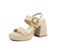 Genéric Sandalias Mujer Tacón Bloque Robusto Plataforma Punta Abierta Hebilla Cuadrada De Strass PU Ante Ajustable Verano Urbano Cita Club Nocturno Moda,Beige,34 EU