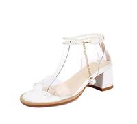 Genéric Sandalias Mujer Tacón Bloque Robusto Punta Cuadrada Cadena Perlas Colgantes Tobillo Correa Transparente PU Ajustable Verano Urbano Diario Cita Vacaciones Moda,Blanca,34 EU