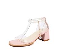 Genéric Sandalias Mujer Tacón Bloque Robusto Punta Cuadrada Cadena Perlas Colgantes Tobillo Correa Transparente PU Ajustable Verano Urbano Diario Cita Vacaciones Moda,Rosado,37 EU