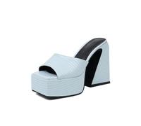 Genéric Sandalias Mule Mujer con Tacón Bloque Y Plataforma Cuero Sintético Texturizado Punta Abierta Slip-On Verano Fiesta Noche Boda Novia Calzado,Azul,35 EU