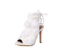 Genéric Sandalias Tacón Stileto Alto Mujer Recorte Tobillo Punta Abierta Decoración Floral 3D PU Atadura Trasera Verano Urbano Club Nocturno Fiesta Vacaciones Moda,Blanca,41.5 EU
