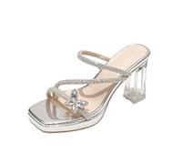 Genéric Sandalias Verano Mules Mujer Plataforma Tacón Cuadrado Mariposas Pedrería,Plata,36 EU