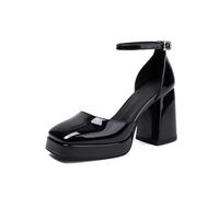 Genéric Tacones Mujer Charol PU Plataforma Tacón Bloque Tobillo Cita Calle Estudio,Negro,41.5 EU