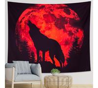 Generic Tapiz artístico de una pieza con diseño de lobo, luna, árbol, lobo, aullido, cielo nocturno, diseños de poliéster rojo y negro, telón de fondo decorativo para pared, sofá, oficina, dormitorio
