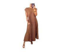 Generic Vestido Plisado Simple de Color sólido para Mujer, Vestidos de Verano para Mujer 2024, Vestidos Que ocultan la Grasa del Vientre (Brown,XL)