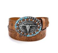 Generic Western Cowboy Cinturón para mujeres y hombres, cinturones de cuero vintage con hebilla de cabeza de toro, marrón claro, L
