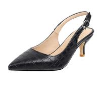 Genéric Zapatos De Tacón Bajo Mujer Slingback Cocodrilo Cuero Sintético Punta Puntiaguda Correa De Tobillo Ajustable Verano Fiesta Noche Boda,Negro,45 EU