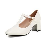 Genéric Zapatos De Tacón Bloque con T-Strap En Cuero PU Grabado Crocodilo Punta Redonda Hebilla Ajustable Mary Jane Verano Boda Fiesta Antideslizante Moda,Blanca,43 EU