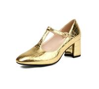 Genéric Zapatos De Tacón Bloque con T-Strap En Cuero PU Grabado Crocodilo Punta Redonda Hebilla Ajustable Mary Jane Verano Boda Fiesta Antideslizante Moda,Oro,36 EU