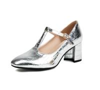 Genéric Zapatos De Tacón Bloque con T-Strap En Cuero PU Grabado Crocodilo Punta Redonda Hebilla Ajustable Mary Jane Verano Boda Fiesta Antideslizante Moda,Plata,48 EU