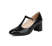 Genéric Zapatos De Tacón Bloque con T-Strap En Cuero PU Grabado Crocodilo Punta Redonda Hebilla Ajustable Mary Jane Verano Boda Fiesta Antideslizante Moda,Negro,42 EU