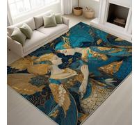 Genérico 100 x 150 cm Azul Base Antideslizante de TPR Sirena Alas Doradas Alfombra Lujoso Sueño Alfombras Artístico Fantasía Lavable Alfombras per Dormitorio Habitación Mujeres