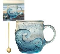 Genérico 12 oz Handblown Ocean Wave Glass Mug Cup, Unique Textured Beach Theme Mugs for Tea Wine Coffee, Seas Inspired Drinkware for Ocean Lovers,Holiday Gifts