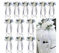 Genérico 12 PCS Wedding Car Door Handle Decorative Flowers Car Decorations White Rose Artificial Bouquet Bowknot Ribbon Decor with Suction Cups for Rearview Mirror Door Handles Chair Back