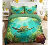 Genérico 180 x 220 Funda nórdica sin Planchar Tortugas Marinas Peces Océano Anime Fresco Funda Edredon Plantas Animales Tropical Funda nórdica Estampada Fácil de cuidar para Niñas Niños - Verde