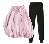 Genérico 2 piezas para correr para mujer, conjunto con capucha y pantalones cálidos, para invierno, para salón de moda, holgado, manga larga, sudadera cómoda y transpirable, color sólido con bolsa