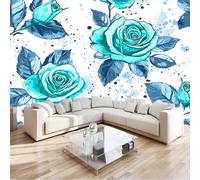 Genérico 200 x 140 cm Papel Pintado Pared Panorámico Tema Romántico Flores Rosas Azules Azul decoración de pared Póster Gigante de Pared Personalizado 3D Para Salón Dormitorio