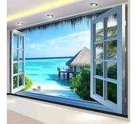 Genérico 200 x 140 cm Papel Pintado Pared Panorámico Ventanas De Estilo Mediterráneo Y Arquitectónico Azul Claro decoración de pared Póster Gigante de Pared Personalizado 3D Para Salón Dormitorio