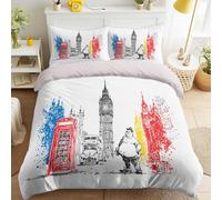 Genérico 200 x 220 Blanca Funda Nordica Monumentos de Londres Hombre con Sombrero Juego de Funda Edredon Ilustración Acuarela Viajes Ultrasuave Urbano Funda Edredon Niñas & Adultos