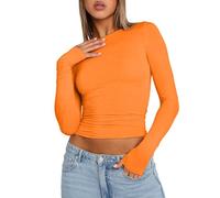 Genérico 2024 AI - Top corto de manga larga y cuello redondo para mujer, camiseta básica, color liso, ajustado, corte entallado, camisa corta, entrenamiento, blusa de yoga y pantalones, naranja, M