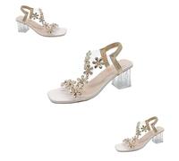 Genérico 2025 New Women's Flower Rhinestone Block Heel Sandals, Clear Block Heels Party Wedding Low Sandals (Beige, 36)
