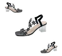Genérico 2025 New Women's Flower Rhinestone Block Heel Sandals, Clear Block Heels Party Wedding Low Sandals (Black, 36)