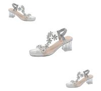 Genérico 2025 New Women's Flower Rhinestone Block Heel Sandals, Clear Block Heels Party Wedding Low Sandals (Silver, 37)