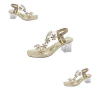 Genérico 2025 New Women's Flower Rhinestone Block Heel Sandals, Clear Block Heels Party Wedding Low Sandals (Gold, 41)