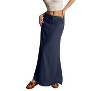 Genérico 2025 Summer Linen Maxi Skirts for Women Cute Vacation Boho Long Flowy Skirts Chiffon Comfy Drawstring Waist A Line Tops (Navy,XL)