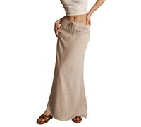 Genérico 2025 Summer Linen Maxi Skirts for Women Cute Vacation Boho Long Flowy Skirts Chiffon Comfy Drawstring Waist A Line Tops (Light Khaki,XXL)