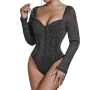 Genérico 2026 2026 Mono ajustado manga larga escote V profundo espalda descubierta cinturón anudado cintura elegante nocturna mujer (Black, XS)
