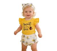 Genérico 2026 Adorable Summer Baby Girl Outfit Cute Print Bodysuit Lace Shorts Headband Three Piece (Yellow, 0-3 Months)