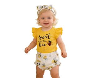 Genérico 2026 Adorable Summer Baby Girl Outfit Cute Print Bodysuit Lace Shorts Headband Three Piece (Yellow, 12-18 Months)
