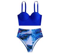 Genérico 2026 Bañador Bikini Mujer Amazon Espagne Tops + Shorts Swimsuit Push Front Print Women Piece Crop Cintura Swimwear High Two Ruched Bikini Up Wrap Swimswears Tankinis Set (Blue, S)